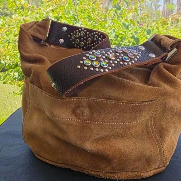 Y2K Boho Chic Vintage Tylie Malibu Suede Hobo Bag w/ Crystal Strap - Picture 2 of 8